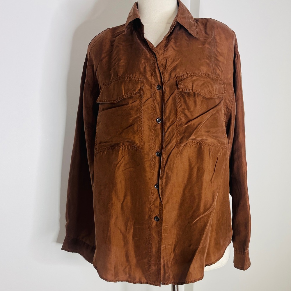 Jonathan Martin Brown 100% Silk Button Down Shirt Long Sleeve Pocket Blouse M